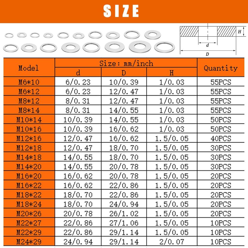 580PCS Oil Crush Washer,18 Sizes Oil Drain Plug Gaskets Assortment Kit,Automotive Aluminum Drain Plug Washer M6 M8 M10 M12 M14 M16 M18 M20 M22 M24