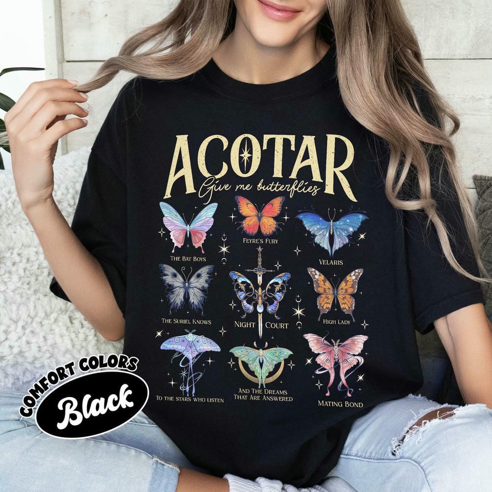 Damen Casual Acotar Schmetterlinge Komfort Unisex T-Shirt Für Fan Fantasy Lustig Acotar Gib Mir Schmetterlinge Outfit Buch T-Shirt Streetwear