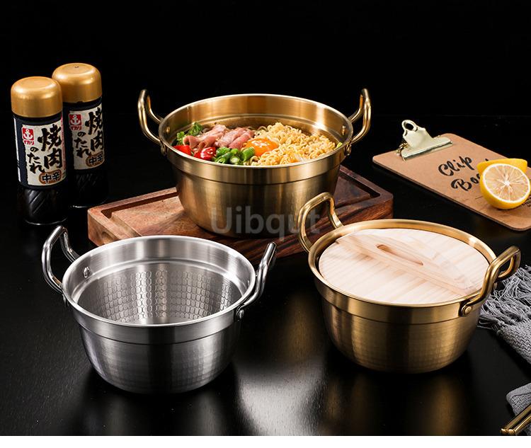 Kitchen Stainless Steel Korean Ramen Pot Double Handle Rust-proof Soup Noodle Small Pot Durable Gold Silver Milk Pot Cuisine