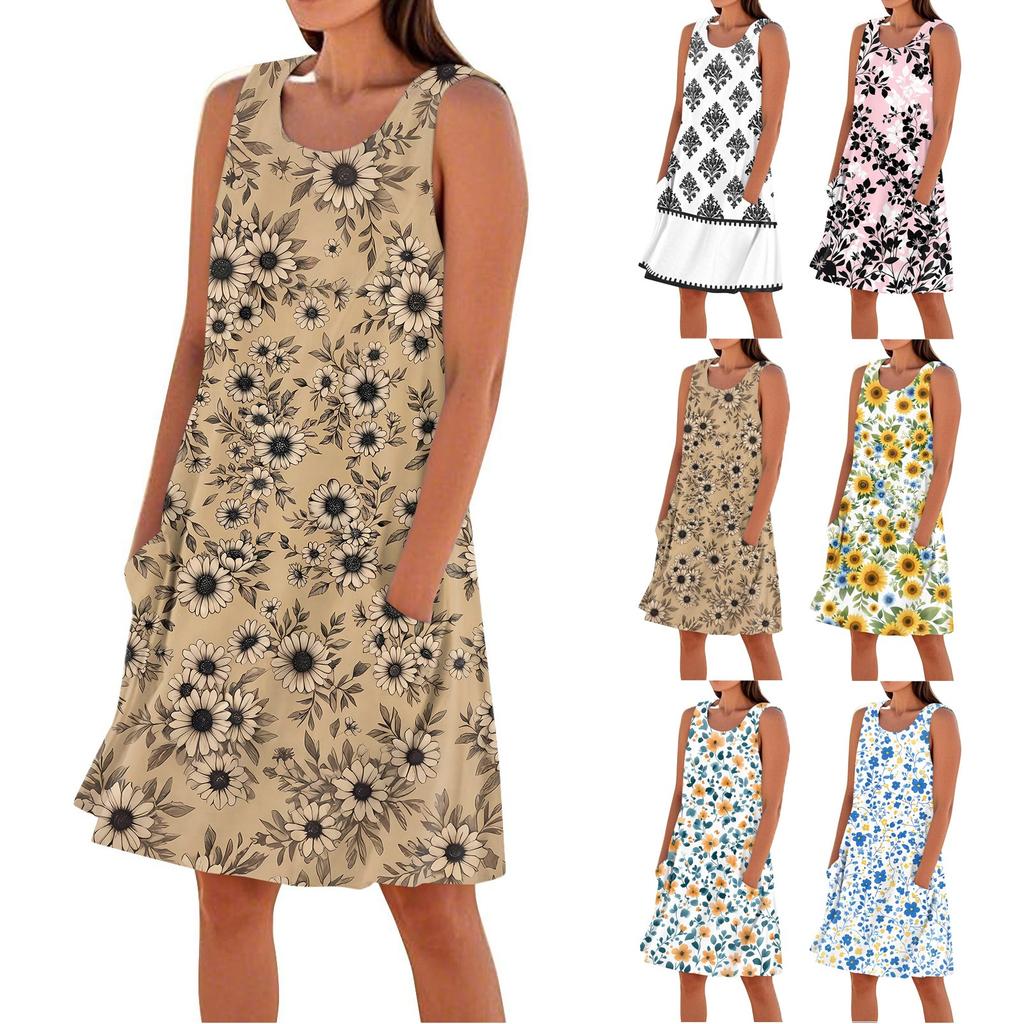 Print Dresses For Women Loose Beach Vacation Casual Sleeveless Sundresses With Pockets Tank Dress