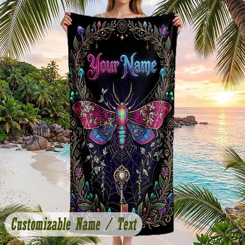 Mystical Moth Key Artwork Theme Quick Dry Beach Towel Custom Name Text Print Large Sand Resistant Towel Beach Vacation