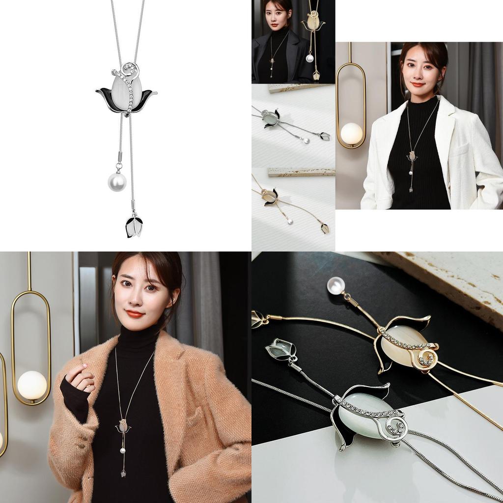 Fashionable Korean Long Sweater Chain Necklace Featuring Eye-catching Cat Eye Stone Flower Design