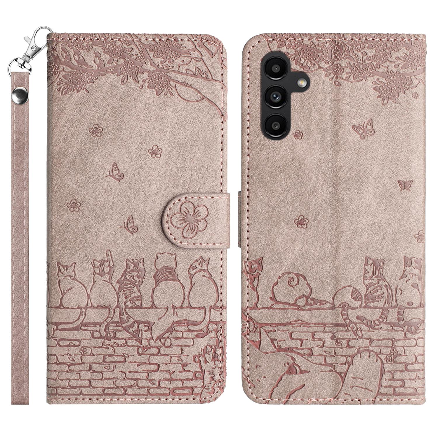 For Samsung Galaxy S26 Case with Wrist Strap Leather Phone Cover Wall Cats Pattern