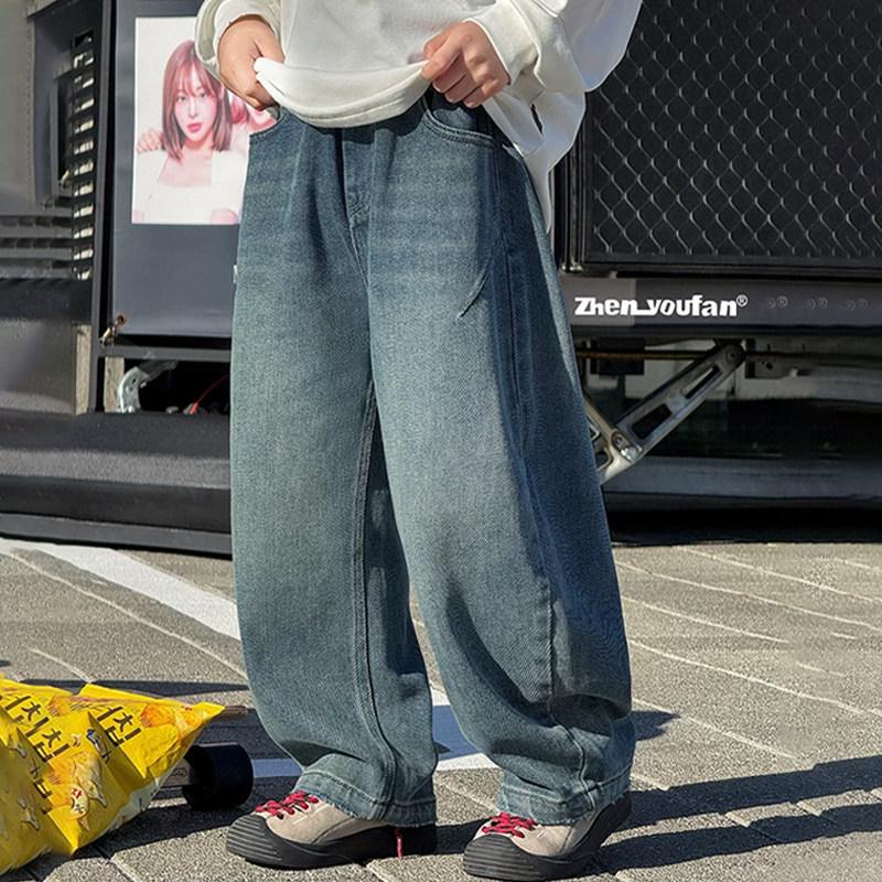 Barnbyxor i mjuk denim, lösa bananbyxor - 2026 Koreansk stil, avslappnade, vida ben för medelstora och stora pojkar