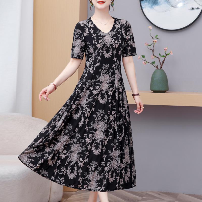 

Элегантные женские платья с коротким рукавом, повседневное длинное платье с винтажным принтом, летняя тонкая женская одежда среднего возраста 5XL