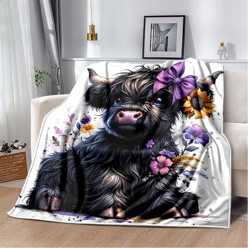 Cute Highland Cow in Purple Truck Print Flannel Blanket, Floral Farm Animal Throw Blanket