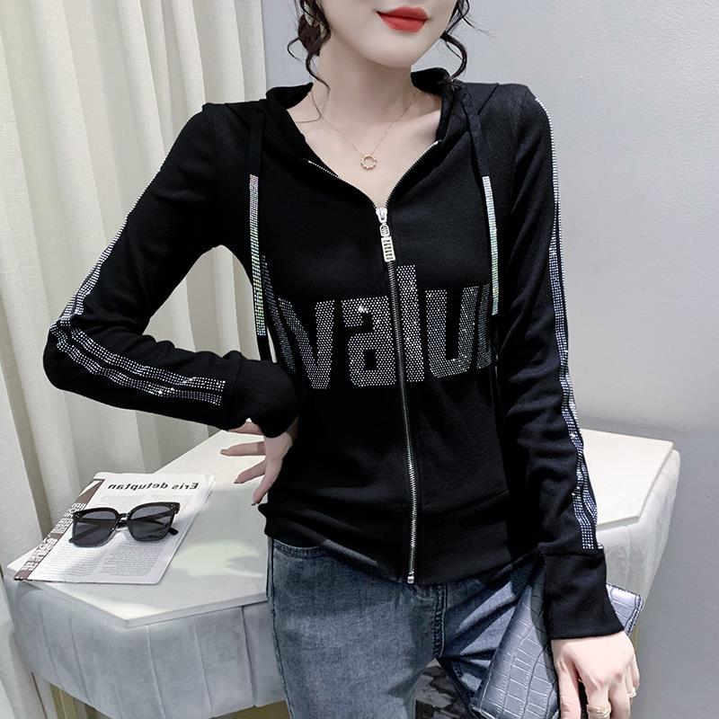 

Женская весна и осень тонкий большой размер длинный рукав кардиган винтажная куртка на молнии с капюшоном с буквенным принтом XS