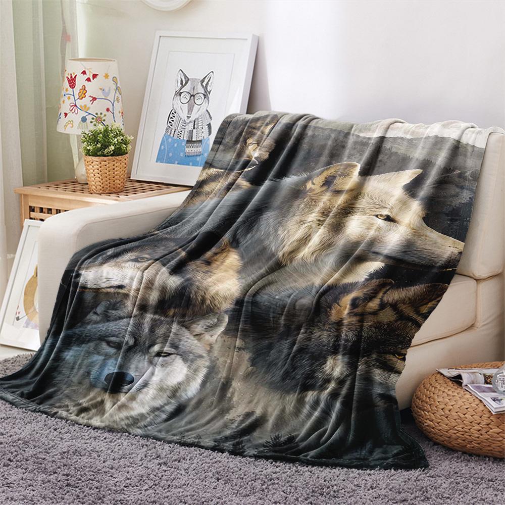1PC Gray wolf Print Flannel Blanket, High quality Comfortable for All Seasons, Home Decor, Warmth and Comfort