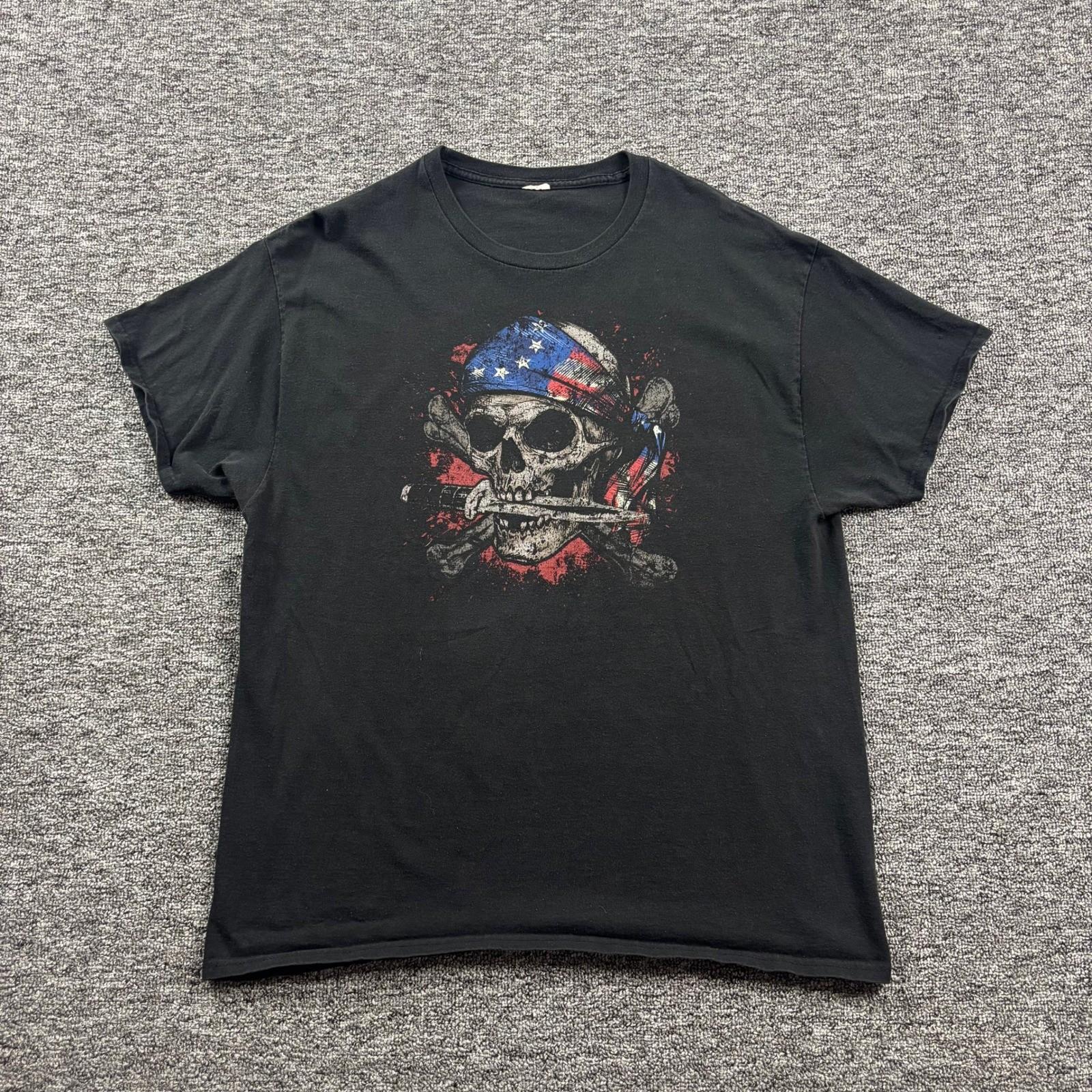 Y2K 2000s Grunge Skull American Flag Biker Graphic Black T-Shirt Size XL Unisex T-Shirt XXXXL