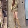 European and American joints trendy women's retro pointed thin heel high heel boots pleated two wear stacking boots khaki gray boots