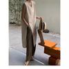 2025 Summer Sleeveless V-neck Linen Cotton Over-the-Knee Dress for Women - Solid Color, Simple Slit Design