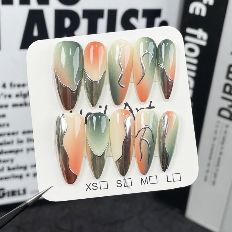Gradient Airbrush Nail Tips With Irregular Metallic 3D Embossed Design Long Pointed Wearable Press-On Nails Edgy Glam Look Extra Small