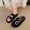 Fashion Crystal Metal Buckle Flip-Flops Women's Fashion Round Toe Open Toe Flannelette Slip Strap Soft Sole Non-Slip Plus Size Flats