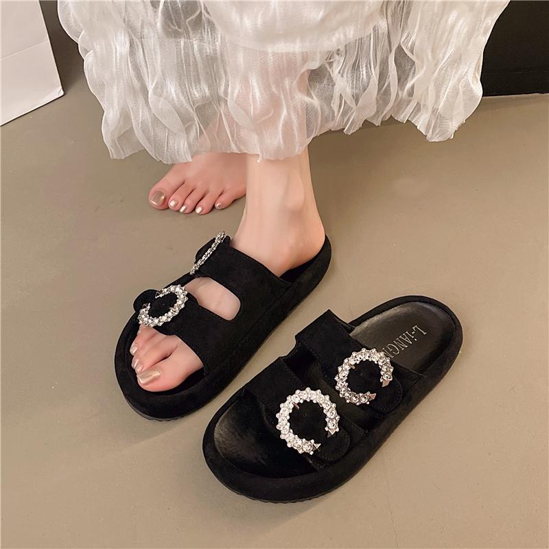 Fashion Crystal Metal Buckle Flip-Flops Women's Fashion Round Toe Open Toe Flannelette Slip Strap Soft Sole Non-Slip Plus Size Flats