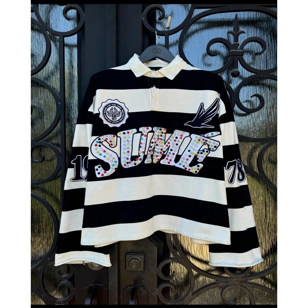 RogueWave Hip Hop Embroidery Stripe Polo Shirt Y2k Retro Fashion Classic Lapel Neck Shirt Long Sleeved T Shirt