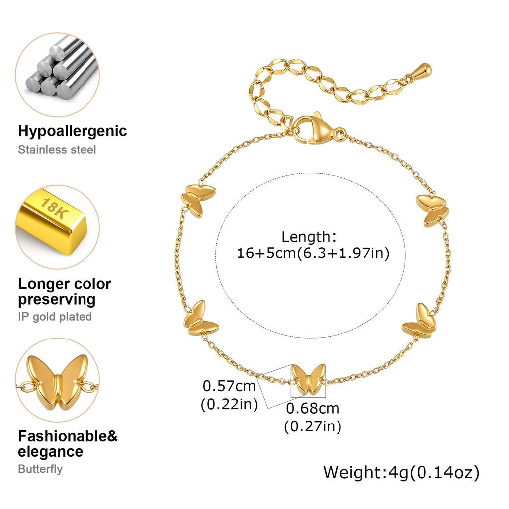 Vnox Trendy Minimalist 18K Gold Plated Butterfly Charms Bracelet for Women Stainless Steel Hypoallergenic Bracelet Accessories