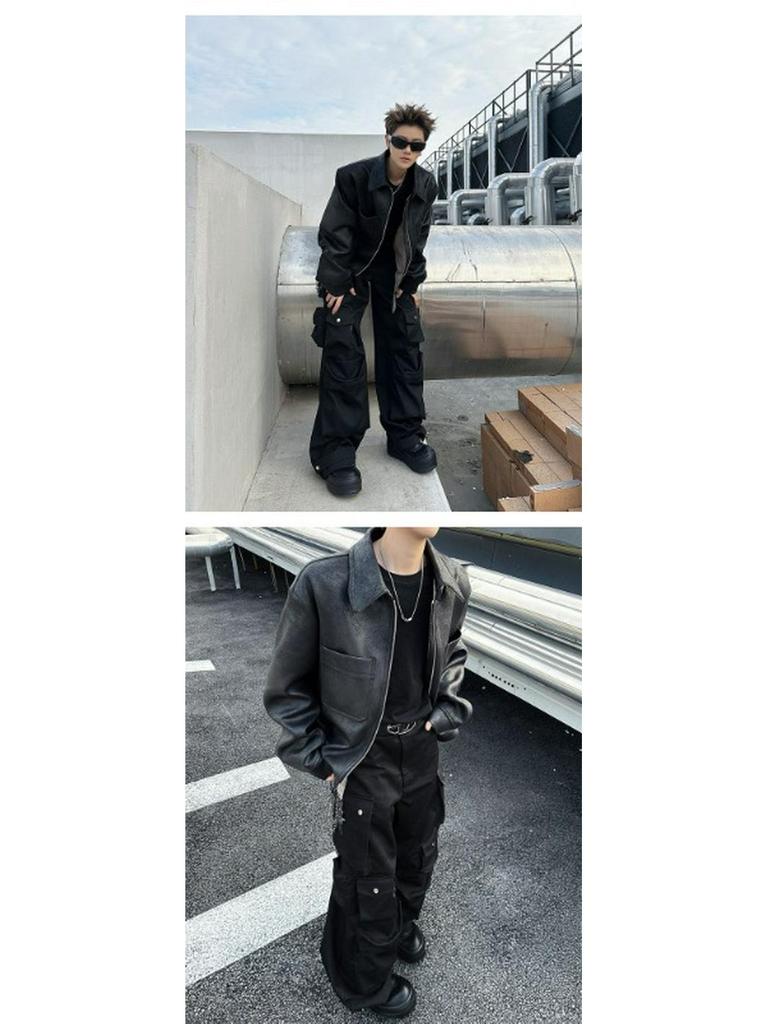 Men's High Street Trendy PU Leather Plaid Jacket - Autumn/Winter Short Casual Style