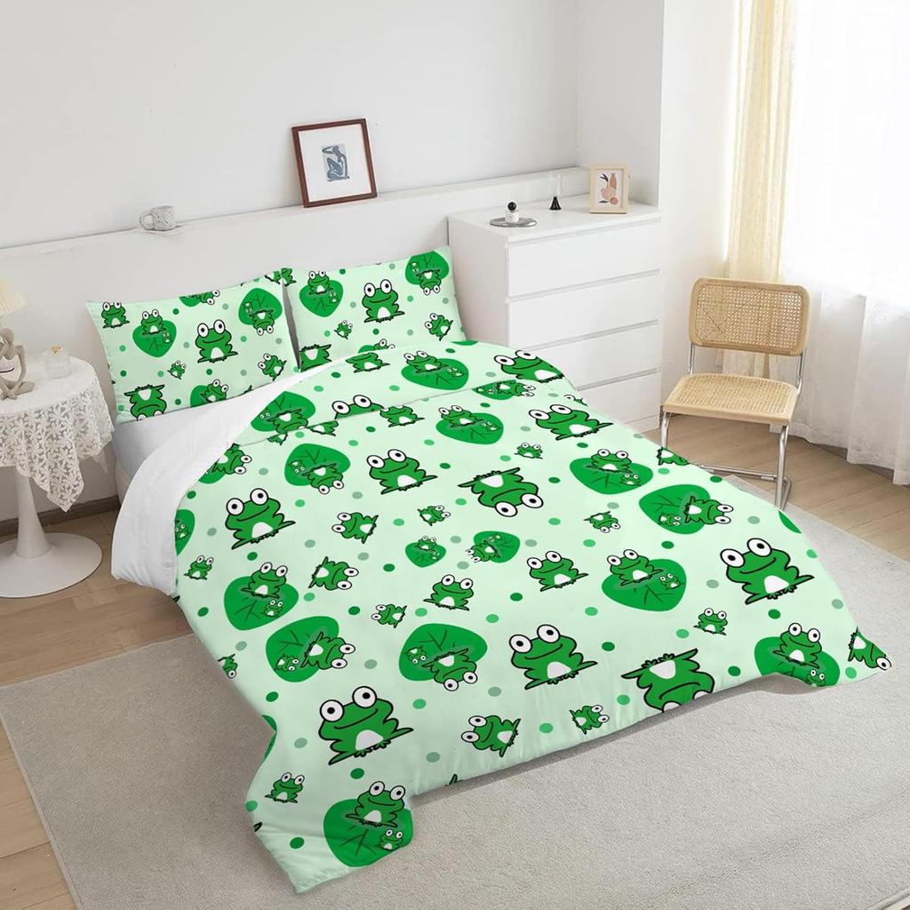 Green Cartoonish and Cute Frog Bedding Kids Double Duvet Set for Microfibre Duvet Cover and 2 Pillowcases 3D Printing Pattern