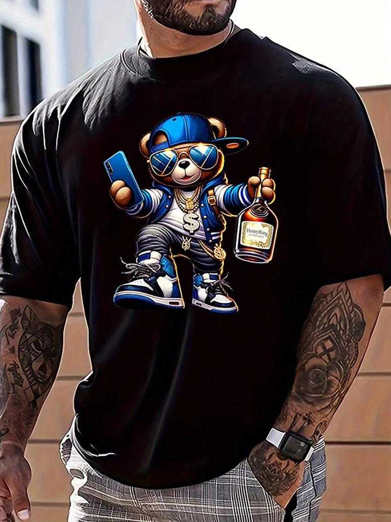 Mens Summer Cartoon Bear Printed Round Neck Short Sleeve Casual TShirt Fashion Trend Y2K Street Harajuku Unisex