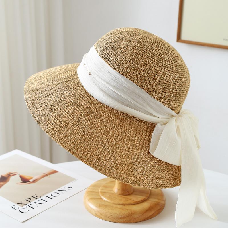 My Extreme Outdoor Activities Women's French-Style Wide Brim Straw Sunhat With Ribbon Bow Summer Seaside Beach Hat For Uv Protection 56-58Cm