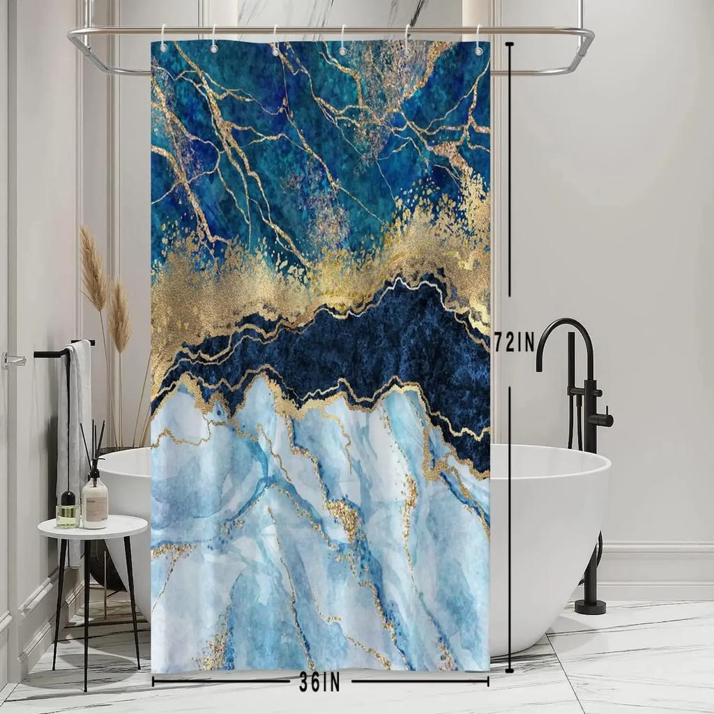 Blue Shower Curtain, Marble Shower Curtain for Bathroom Stall RV Watercolor Abstract Waterproof Fabric Shower Curtain Set