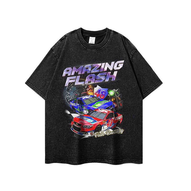 Vintage Washed Loose Fit Cotton T-Shirt With Racing Print Unisex Streetwear Crew Neck Short Sleeve