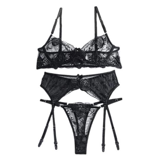 3 Pcs/Set Bra Panties Set 3D Flower Bow Decor Wired Push Up Lace Elastic Thigh Rings High Waist Wedding Night Romantic Midnight Lady Sex Underwear Set