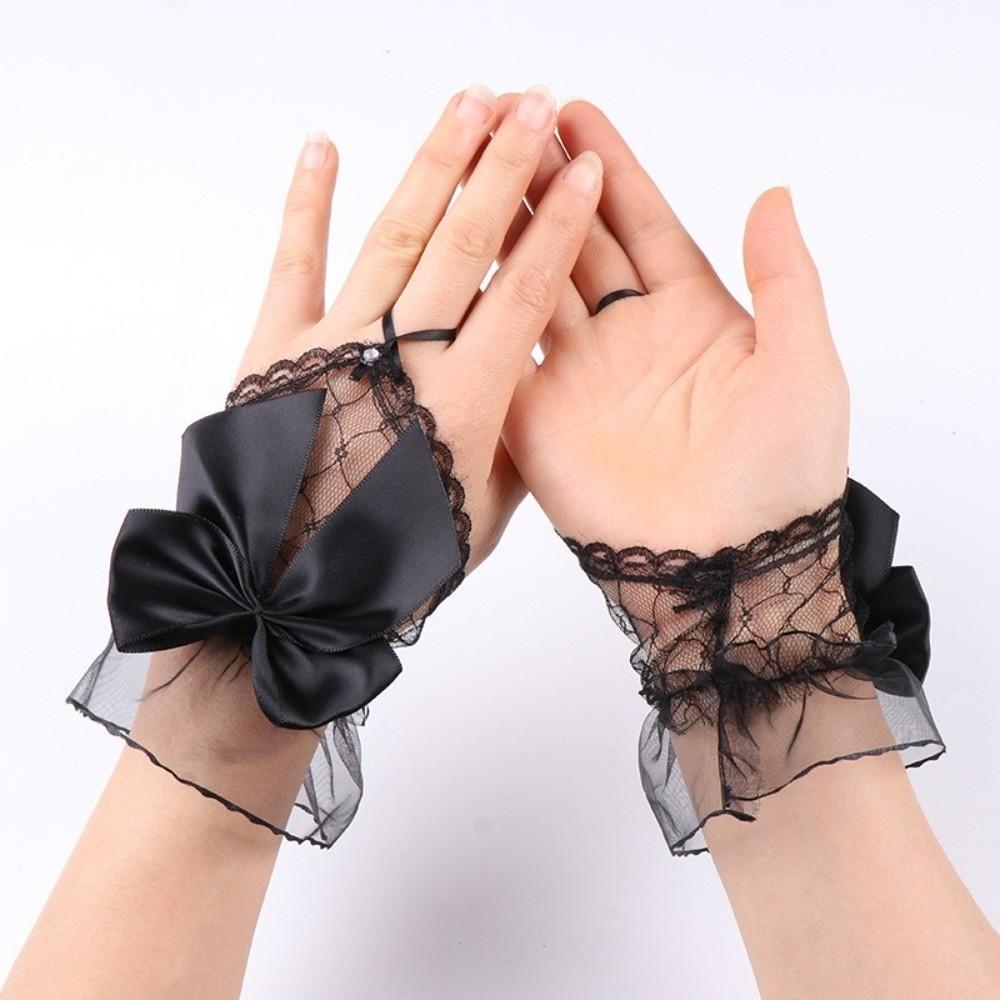 1 Pair Mesh Hollow Mesh Hand Sleeves with Handmade Ribbon Bow Bride Sheer Gloves  Bridal Wear