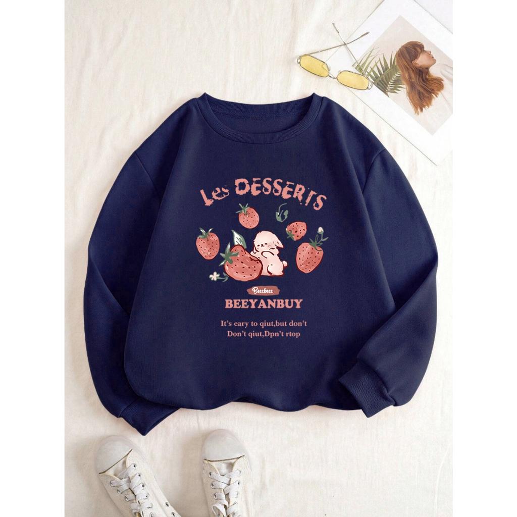 Autumn Women's Hoodie Cute Strawberry And Rabbit Printing Sweatshirt Warm Fleece Comfortable Pullover Fashion Female Clothes