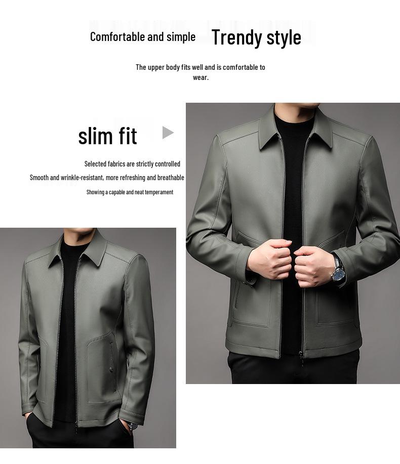 Pánská kožená bunda z ovčí kůže s límečkem pro střední věk - Neformální motorkářské svrchní oblečení ve stylu "táta" s podšívkou z plyše