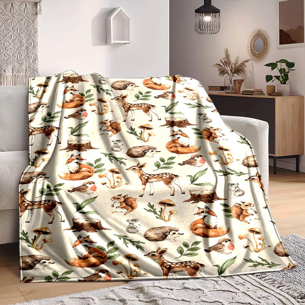 1Pc Forest Animal Watercolor Blanket Soft And Comfortable Casual Warm Camping Travel Christmas Halloween Xmas Gift M924636