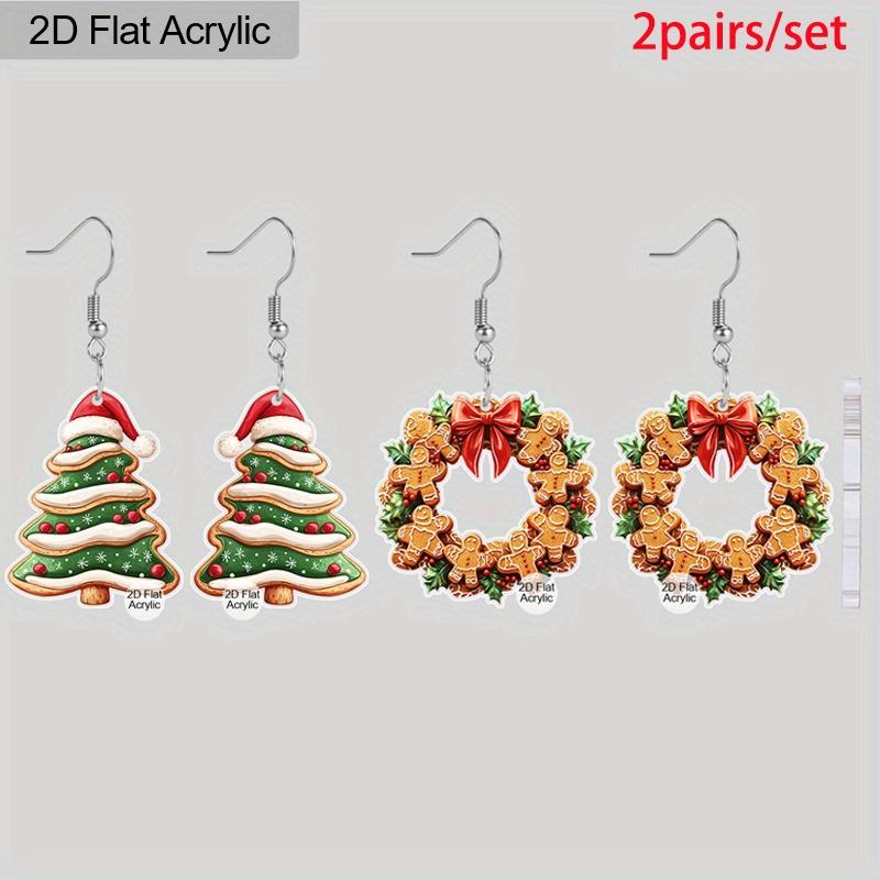 2 Pairs Fashion Christmas Acrylic Earrings for Women Classic Christmas Tree Christmas Hat Acrylic Earrings Creative Cookies Men Dangle Earrings
