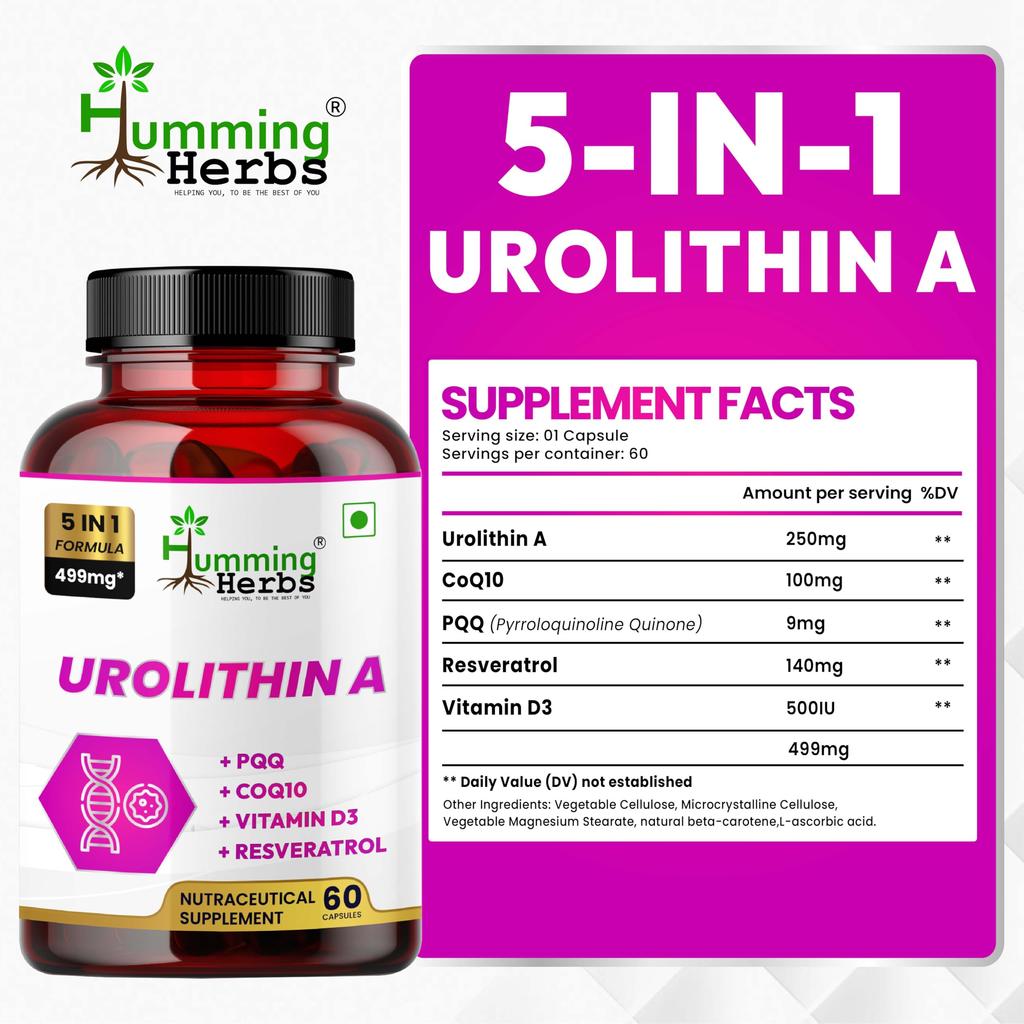 Humming Herbs Urolithin A Komplex - 250 mg Urolithin A mit CoQ10, PQQ, Resveratrol & Vitamin D3 - 5-in-1 Mitochondriale & Zelluläre Energieunterstützung -