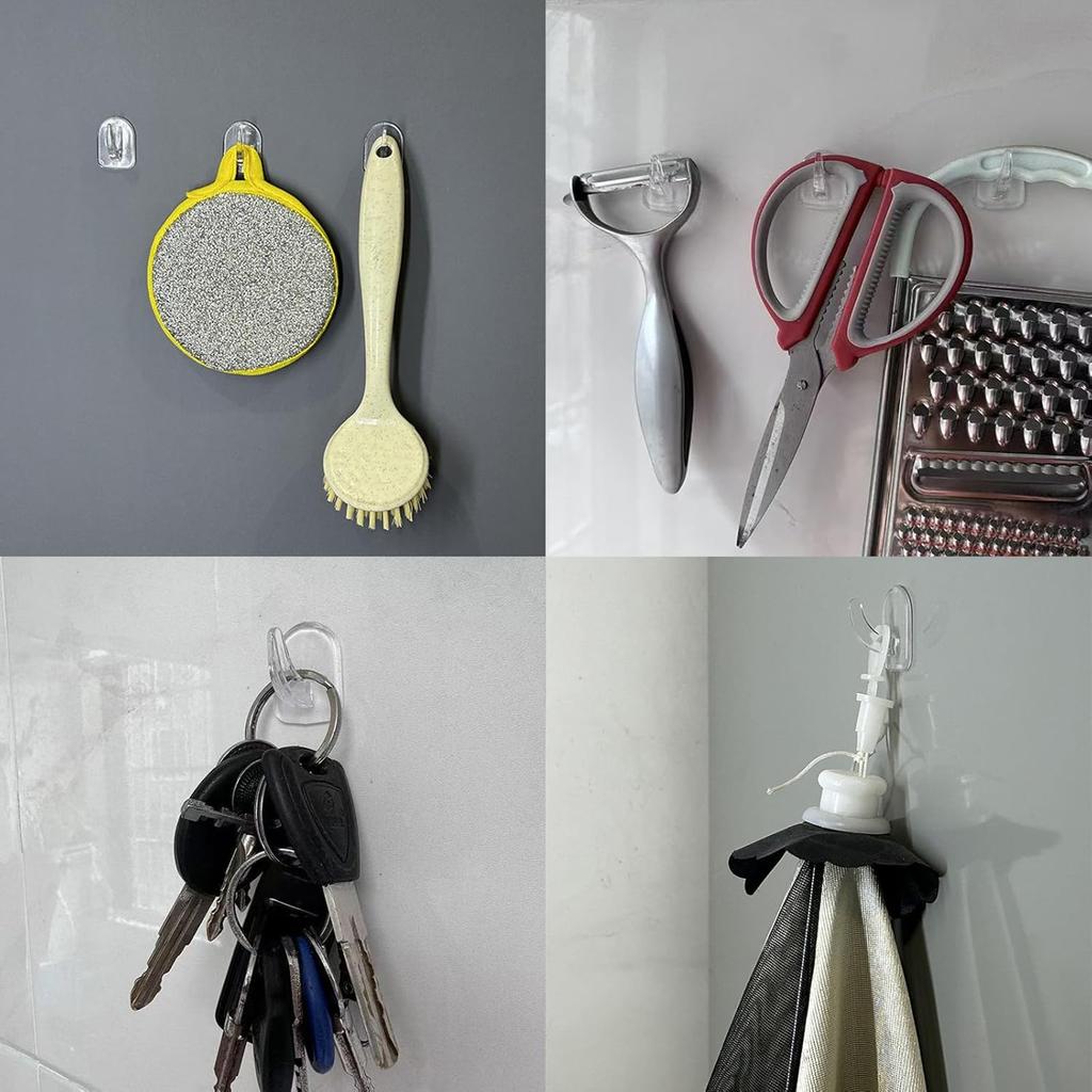 30 PCS Clear Adhesive Wall Hooks - Transparent Acrylic, Reble & Non - Marking. Ideal for Kitchen, Bath, Bedroom & Office