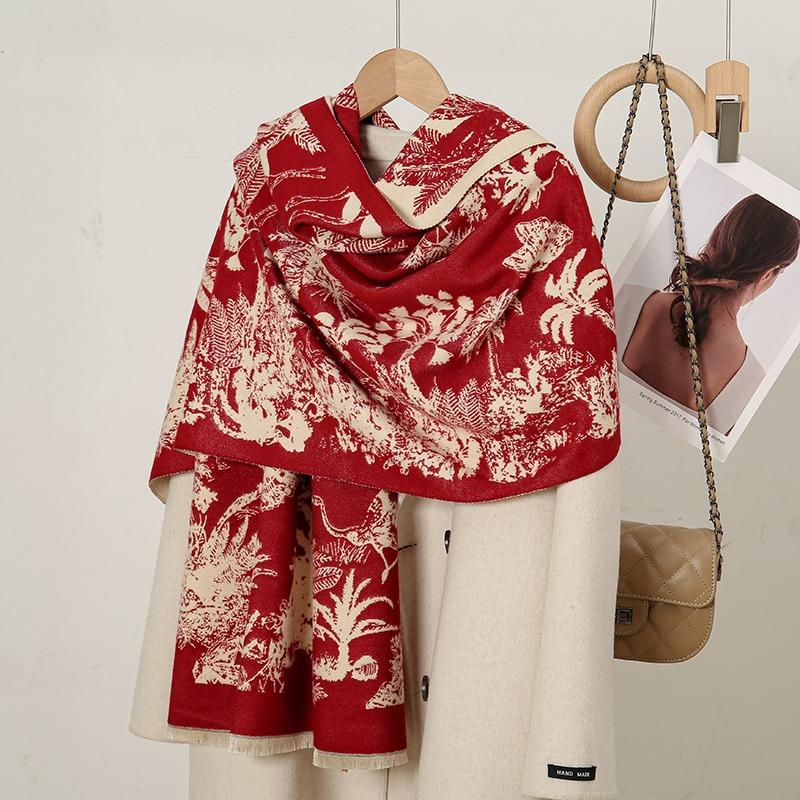 Autumn and winter leaf print imitation cashmere scarf female literary and fresh student commuting thickened warm shawl