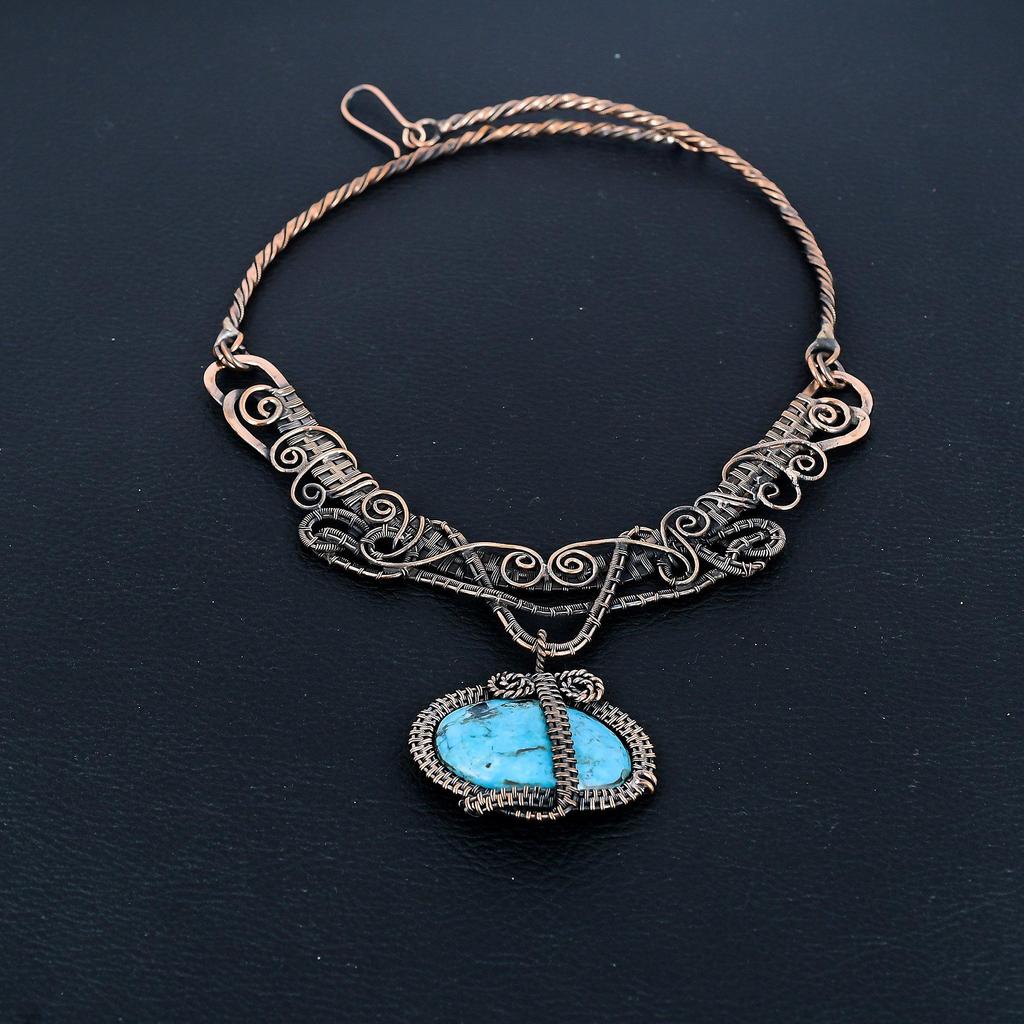 Turquoise 999 Copper Wire Wrapped Necklace with Adjustable Chain, Handmade Gemstone Jewelry Necklace For Memorial Day
