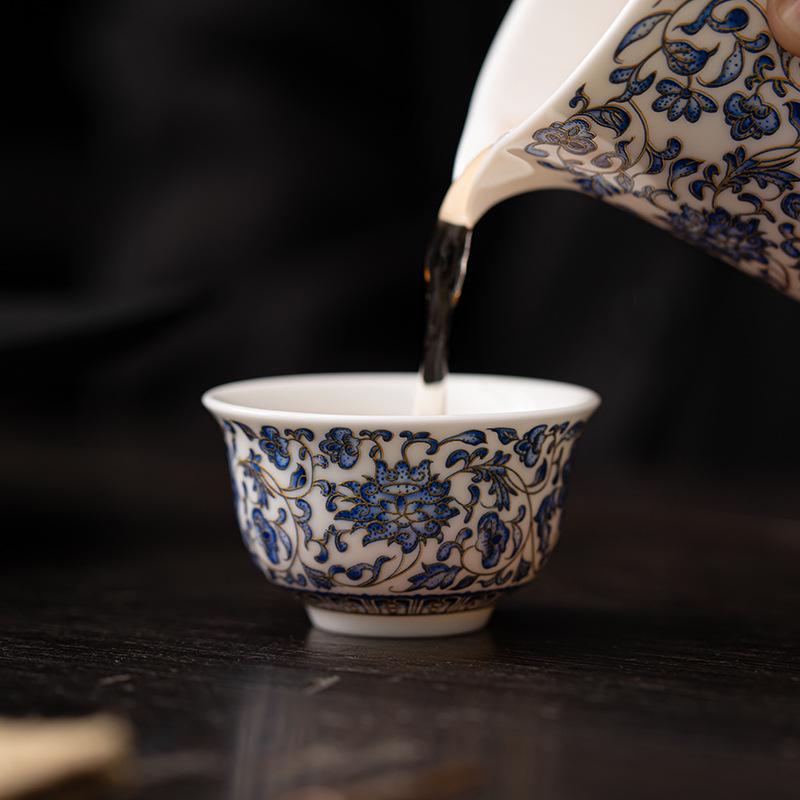 Blue and White Porcelain Magnolia Teacup - Mutton Fat Jade Lotus Design