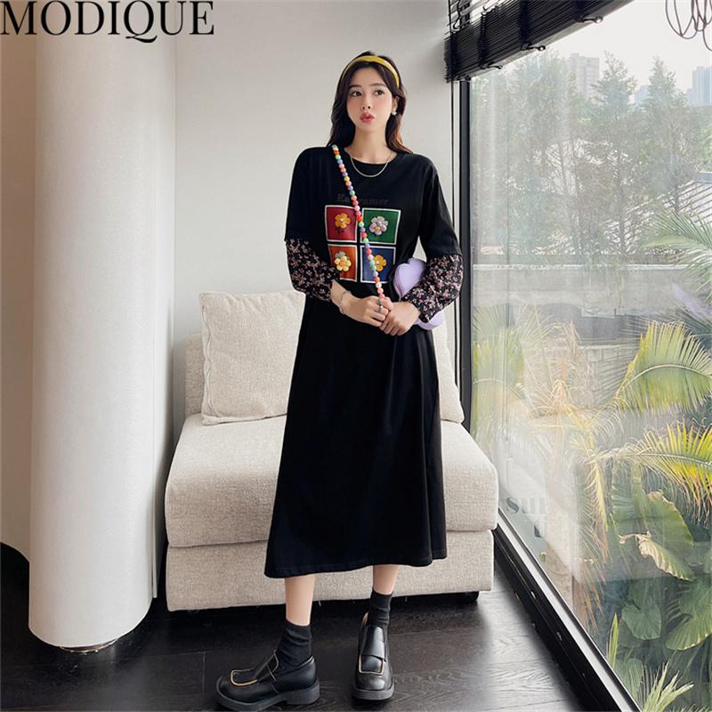 MODIQUE Jesień Plus Size Nowe Długie Sukienki Kobiety Luźne Sukienki w Słodki Nadruk Kwiatowy Kobieta Podstawowe Casual Długi Rękaw Szyty O-Neck Spódnica