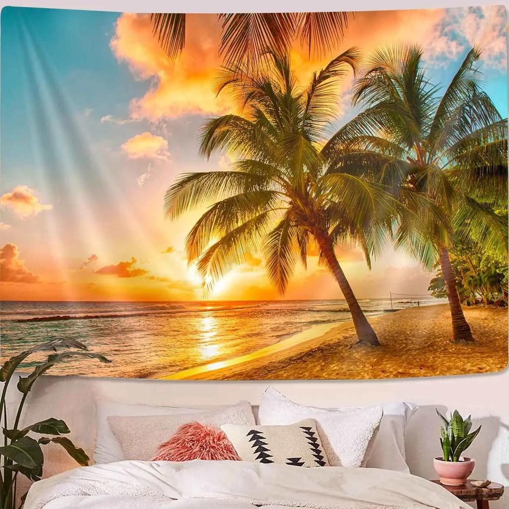 Ocean Sunset  Landscape Tapestry Purple Clouds and Gloden Sunshine Tapestry Wall Hanging Decoration for Dorm Living Room Bedroom