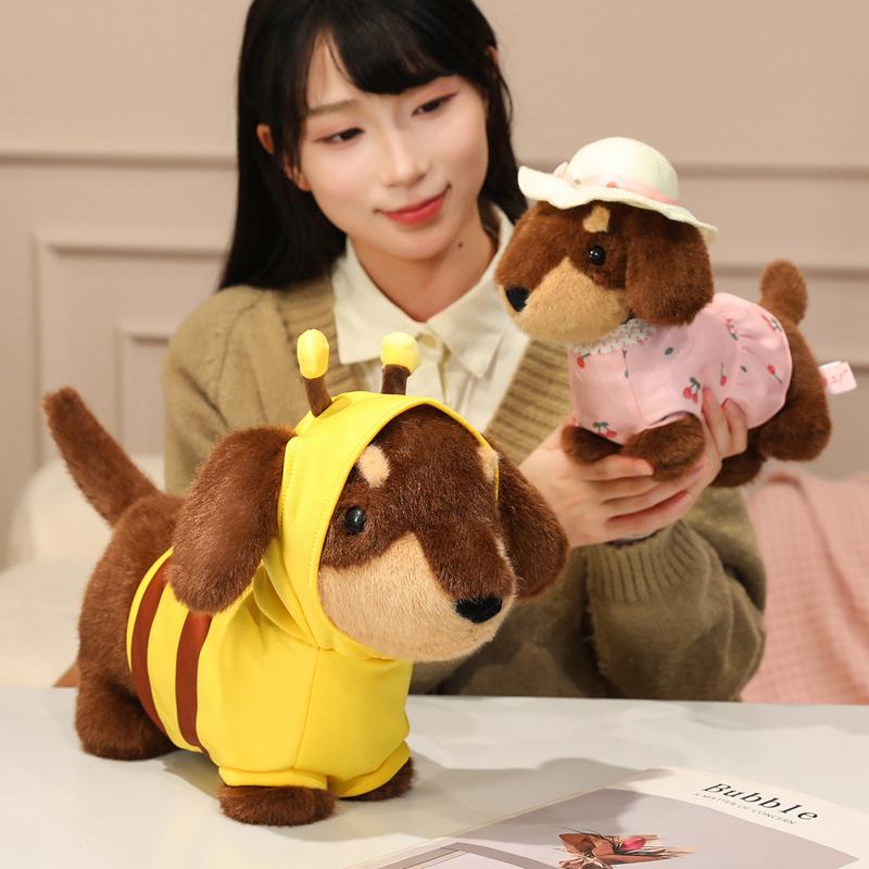 26/35CM Cute Dachshund Plush Toys Wear Clothes Doll Kawaii Pink Dress Blue Shirt Bee Dress Up Dachshund Doll Accompnay Toys