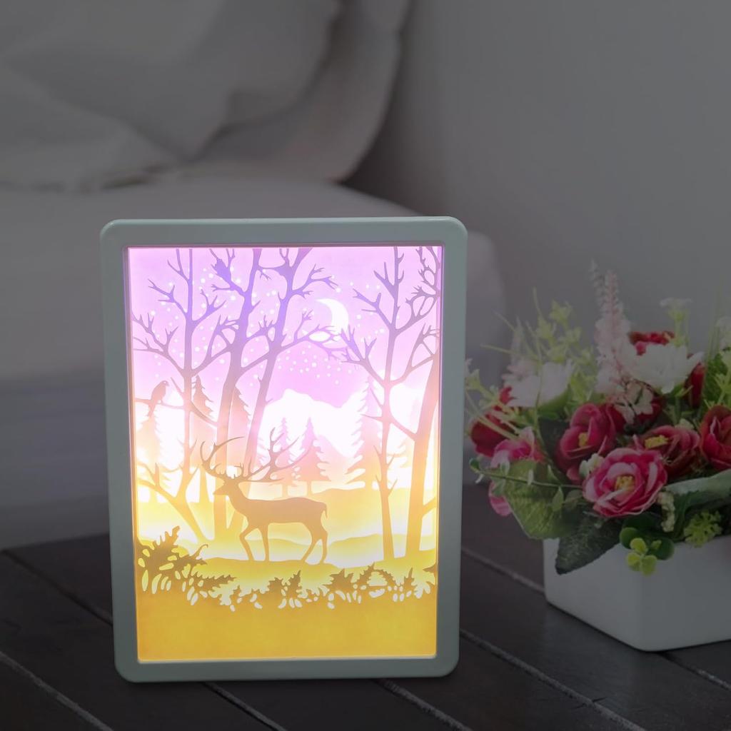 Uonlytech Forest Deer Papercut Light Box Decorative 3D Shadow Light LED Lamp Night Light for Christmas Gift