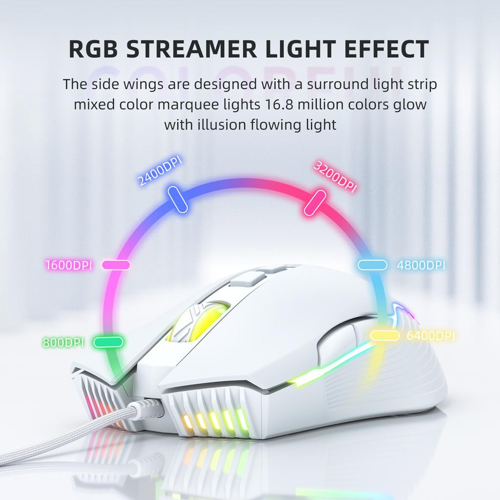 CW905 RGB Gaming-Maus Kabelgebunden mit RGB-Hintergrundbeleuchtung, 6 einstellbare DPI bis zu 6400, Ergonomische Gamer-Laptop-PC-Maus mit 7 programmierbaren Tasten