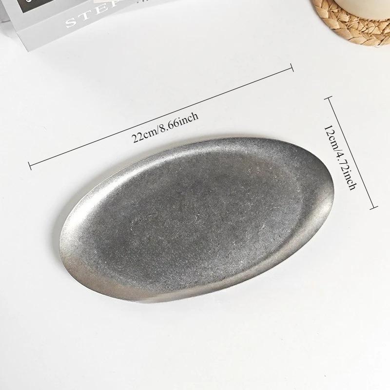 1pcs Retro Stainless Steel Trays, Sushi Plates, Snack Plates, Pastry Plates, Oval Shallow Trays, Industrial-style Tableware