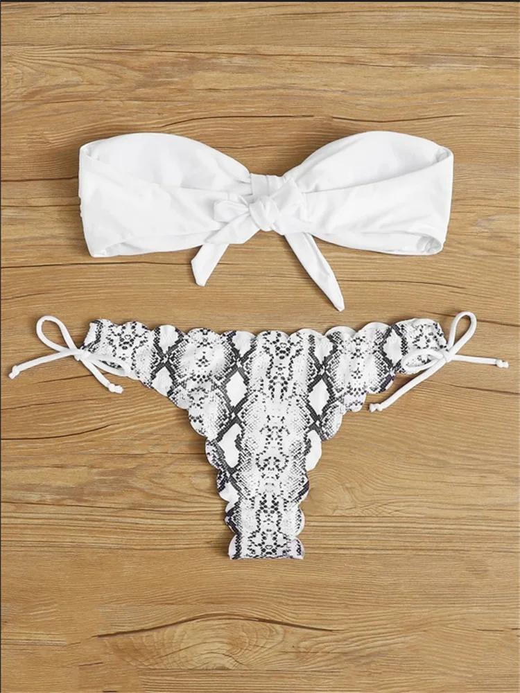 Beach Bikini 2025 Woman Sexy Front Lace Up Tie Bandeau Leopard Swimsuit Female Push Up Ruffled Bow Bathing Suit Thong Swimwear