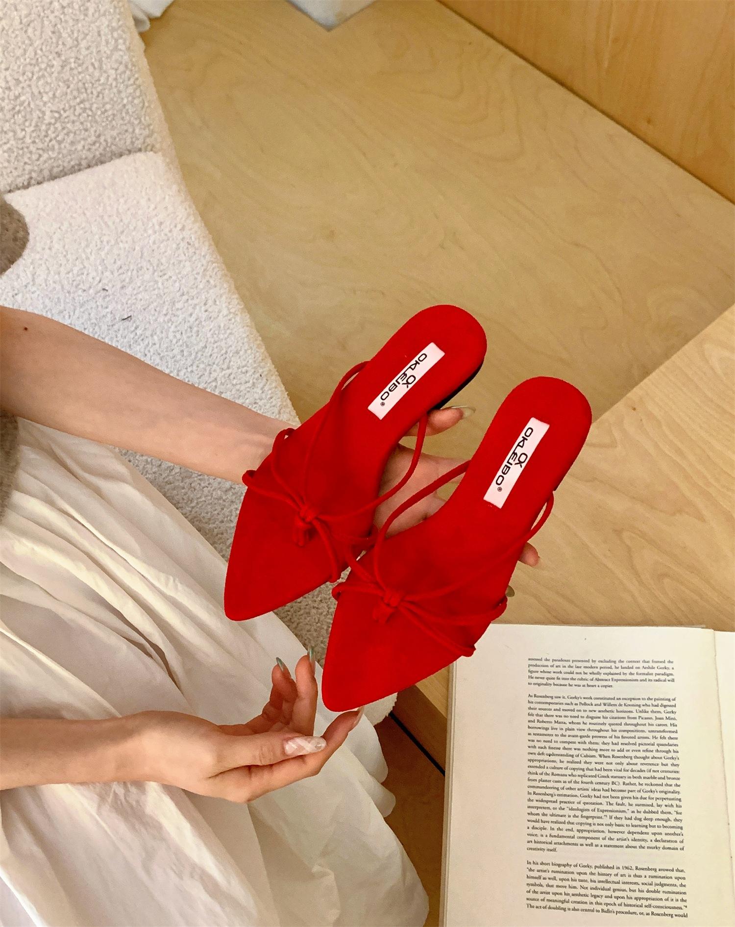 Gentle And Cool Slippers Women S Summer Wear Toes Suede Evening Breeze Fine Belt Beach Clip Evening French Flip-Flops Simple 35 красный 4690₽