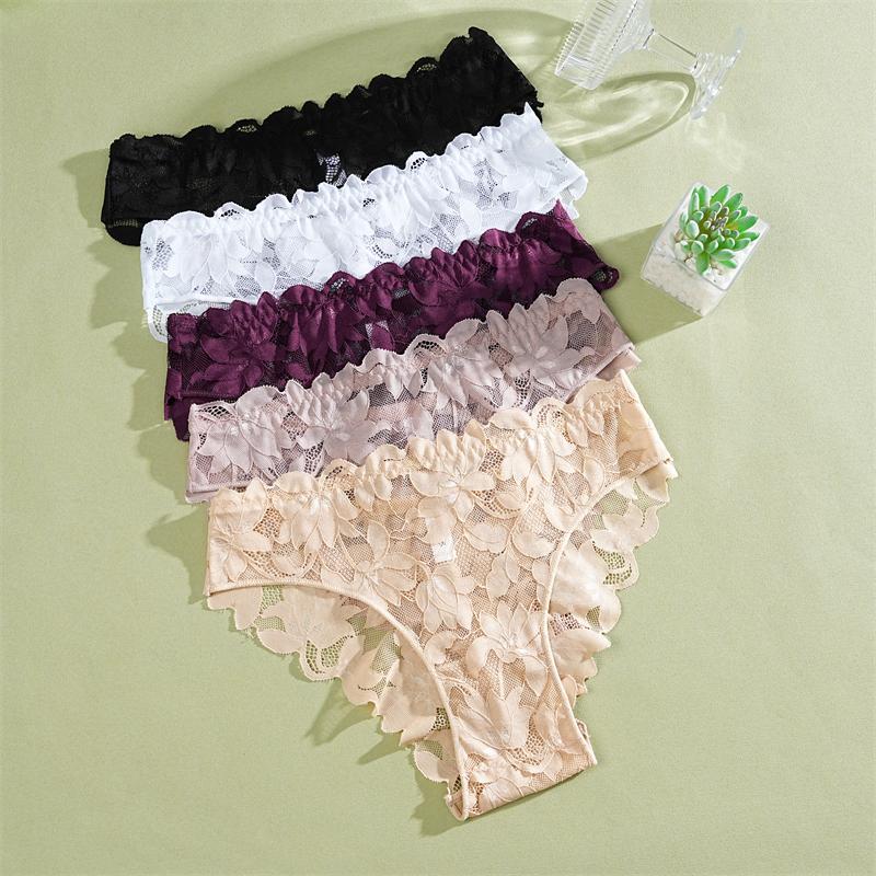 FINETOO 2Pcs Women's Satin Floral Lace Underwear Sexy Hollow Out Panties Solid Low-Waist Perspective Briefs Girls Soft Lingerie