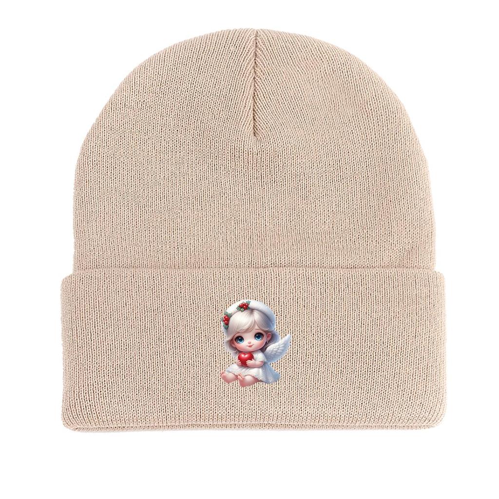 Little Angel Red Heart Print Knit Cap Beanie, Woman Cap Autumn Elastic Simple Bonnet Knitted Hat Beanie