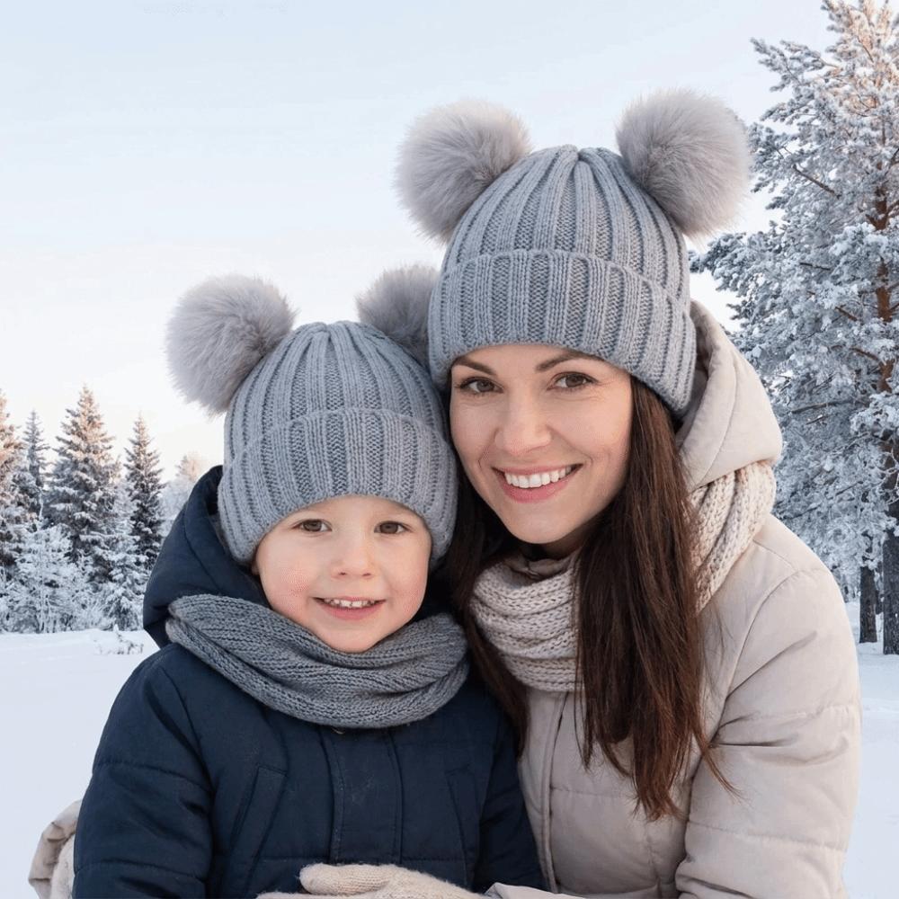 Faux Fur Ball Infant Beanie Plush Mother Kids Pullover Cap Soft Baby Knitted Hat Boys