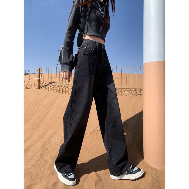 Black-Gray High-Waisted Wide-Leg Jeans for Women - Velvet-Lined, Thick, Loose-Fit, Slimming, Straight-Leg, Floor-Length, Petite, Trendy Pants