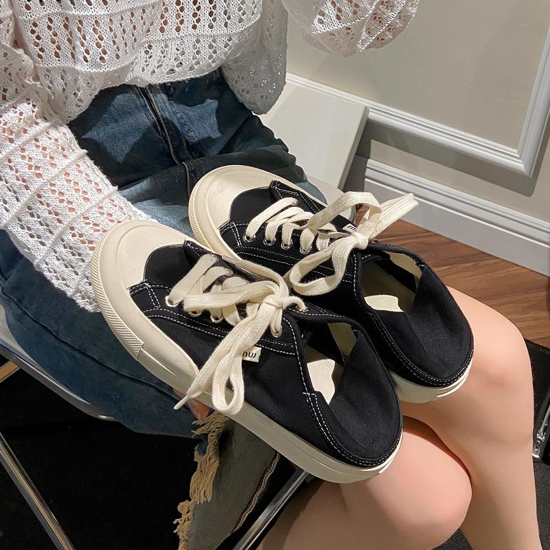 Yuexinwang Leather Flat for Huizhou Women's Shoes Su Yinyin Same Shoes Front Lace-up Casual Spring New Canvas Shoes